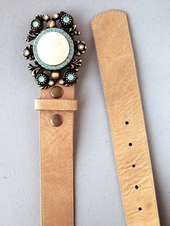 VTG Leatherock Gemmed Belt, Stunning Brass Buckle real Baby Blue stones Floral main image 10